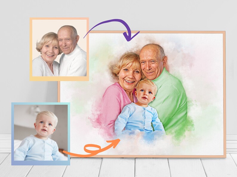 Puede incluir: Una pintura de acuarela de un retrato familiar. Una pareja mayor est&aacute; sosteniendo un beb&eacute; en sus brazos. El fondo es una suave acuarela de colores.