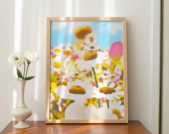 Arte colorida da parede do campo de flores da margarida | Arte da parede do berçário | Pintura Pastel de Flores | Arte de parede para impressão | Download digital
