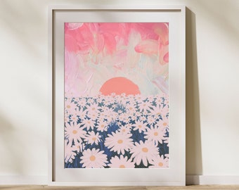 Pintura colorida de campo de margaridas | arte de parede de flores | Arte da parede do berçário | Pintura de flores em tons pastéis | Arte de parede para impressão | Download digital
