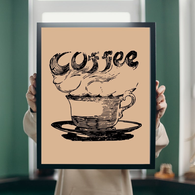 May include: A black and white illustration of a coffee cup with steam rising above it. The steam is shaped like the word "Coffee".