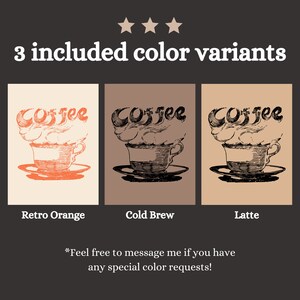 May include: Three illustrations of a coffee cup with steam rising from it. The text "Coffee" is above the cup. The illustrations are in three different color schemes: retro orange, cold brew, and latte.