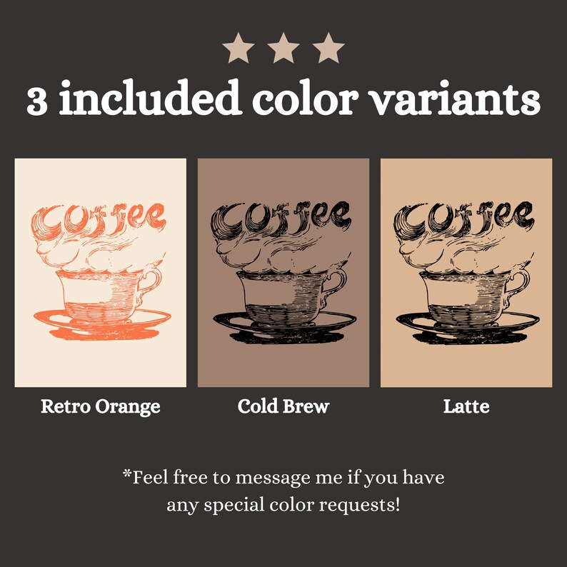 May include: Three illustrations of a coffee cup with steam rising from it. The text "Coffee" is above the cup. The illustrations are in three different color schemes: retro orange, cold brew, and latte.
