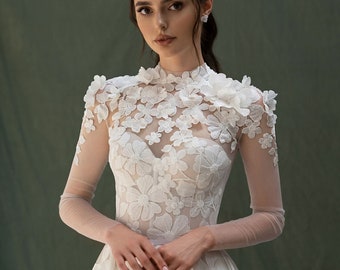 Wedding dress, long sleeve wedding dress. Sweetheart wedding dress with 3d flowers, floral bridal dress, a-line lace wedding dress Jasmine