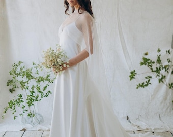 Elegant A-Line Satin Wedding Dress, V Neck Bridal Gown with Soft Tulle Cape
