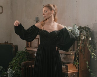 Black wedding dress with long sleeves. Off-the-shoulder bridal gown with long train, gothic dress, black plus size dress Millie