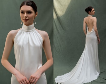 Wedding dress, silk wedding dress. Backless bridal drress, halter neck wedding dress, sleeveless bridal gown Freesia