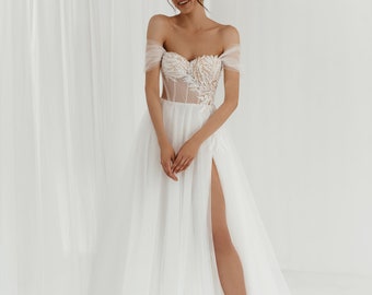 Romantic Boho Wedding Dress, Elegant Bridal Gown for Beach or Destination Wedding, Modern Ceremony and Reception Dress
