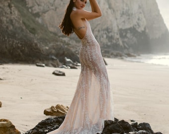 Mermaid Lace Wedding Dress, Open Back Halter Bridal Gown, Romantic Ethereal Wedding Dress, Custom Bride