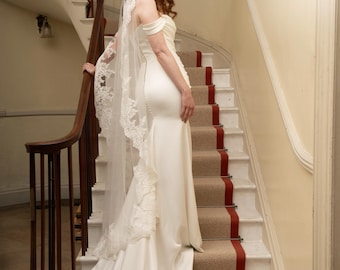 Modern Bridal Gown in Crepe, Off Shoulder Wedding Dress with Draped Corset, Ready to Ship