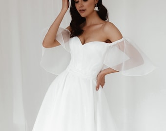 Abito da sposa in organza, abito da sposa a trapezio con scollo a cuore e corsetto, spalle scoperte, stile Tiffany