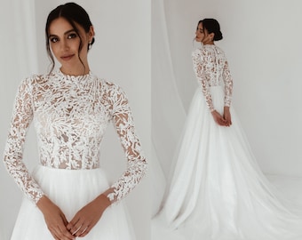 Robe de mariée à manches longues. PRÊT À EXPÉDIER 40 % Robe de mariée col roulé en dentelle, robe de mariée col haut Harper