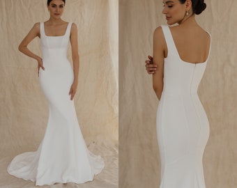 Vestido de novia de crepé con cuello cuadrado, Vestido de novia sencillo con espalda abierta, Vestido de fuga de sirena en crepé, Vestido de novia sencillo Evelyn