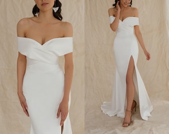 Robe de mariée. ÉCHANTILLON 60 % robe de mariée en satin, robe de mariée épaules nues avec fente haute, robe de mariée sans manches Chloé