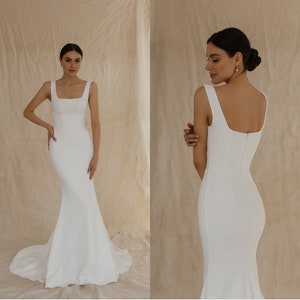 Square neck crepe wedding dress, Open back simple bridal dress, Crepe  mermaid elopement dress, Simple bridal gown Evelyn