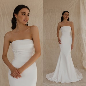 Wedding dress. Straight neckline bridal mermaid dress, strapless sheath laced back gown, 3D flowers off-the-shoulder bridal dress Audrey