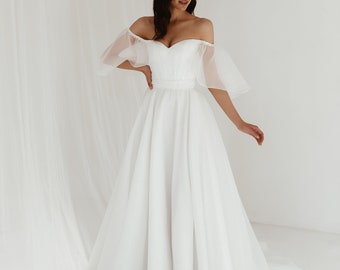 Abito da sposa in organza a trapezio con scollo a cuore e corsetto, maniche a spalle scoperte, taglia XS, SALDI CAMPIONE Tiffany