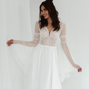 Boho Wedding Dress with Bell Sleeves, Long Sleeve Open Back Lace Bridal Gown, A-Line Chiffon Wedding Dress, Bohemian Brides Esther