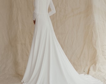 Long sleeve and high back crepe wedding dress. READY TO SHIP Simple winter bridal gown, reception dress, modest wedding dress Nora