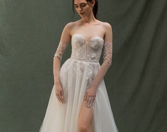 Wedding dress, lace bridal gown. Corset wedding dress with high slit, floral wedding dress, a-line bridal gown Magnolia