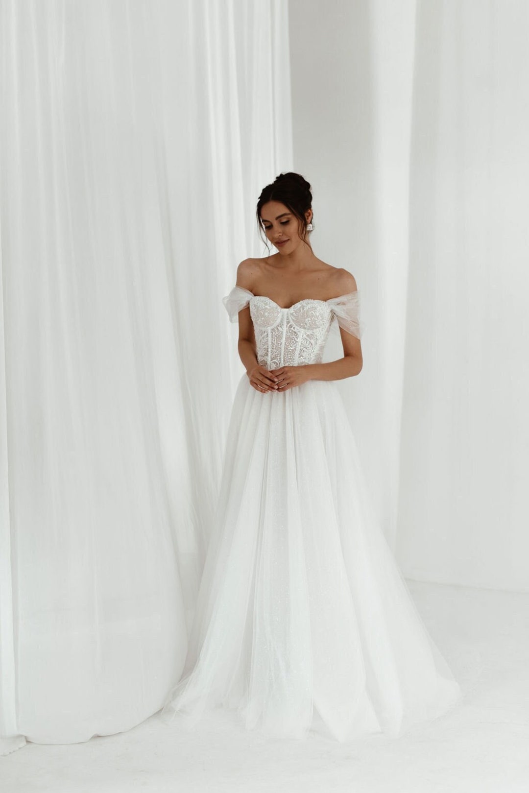 A-line Wedding Dress With Detachable Sleeves, Embroidered Corset Bridal ...