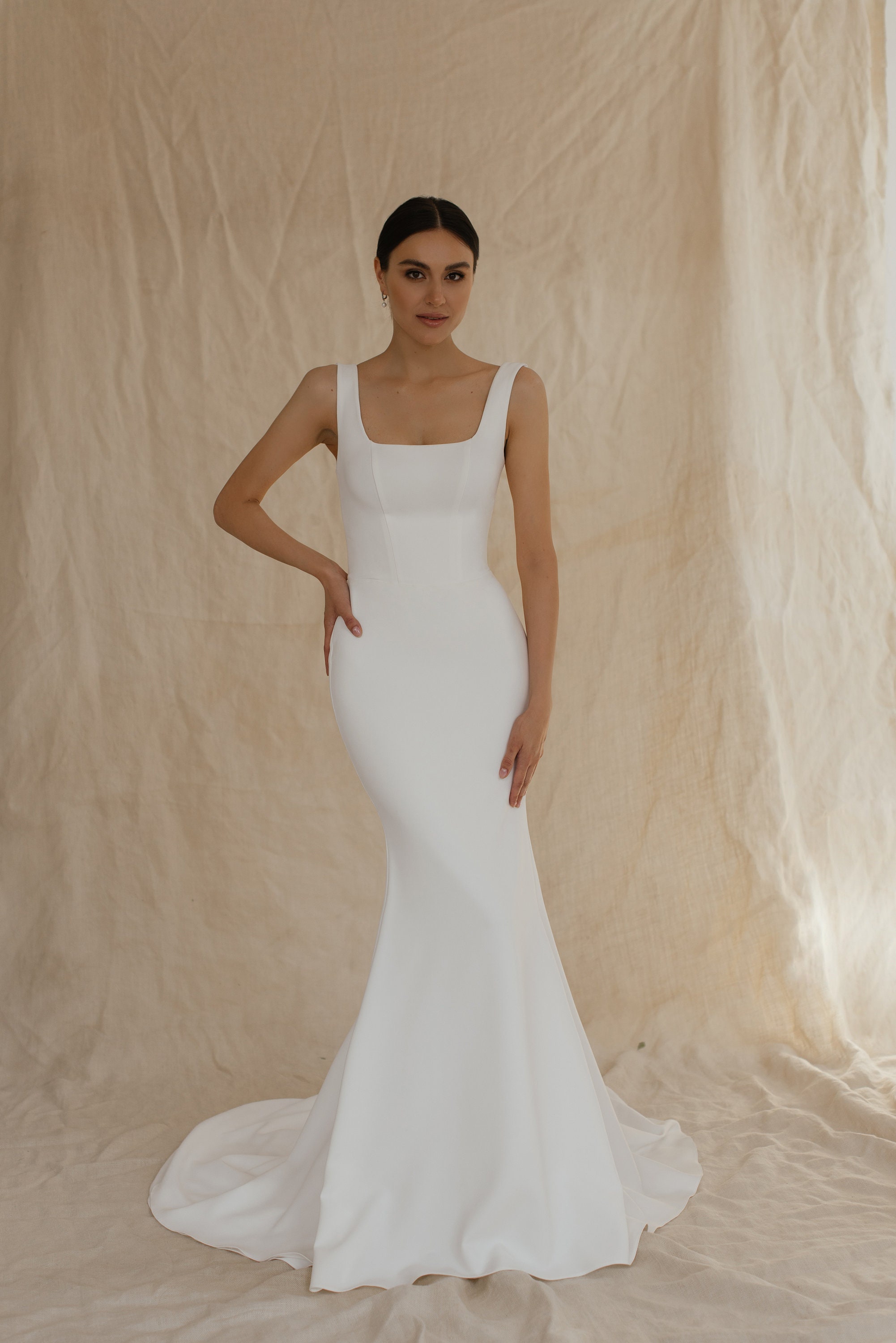 Square Neck Crepe Wedding Dress, Open Back Simple Bridal Dress