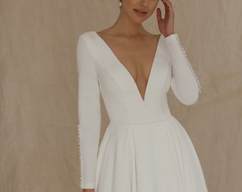 Elegant A Line Wedding Dress, Crepe Long Sleeve Bridal Gown with V Neck, Open Back, Ready to Ship