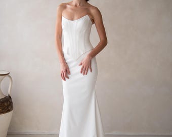 Minimalist Satin Wedding Dress, Corset Bridal Gown, Detachable Silk Sleeves & Scarf, Custom Made