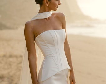 Abito da sposa in seta a due pezzi, set da sposa con corsetto senza spalline, abito da sposa minimalista a colonna color terra