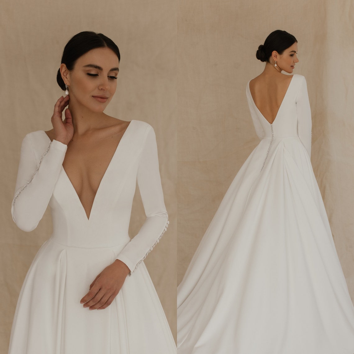 V-neck crepe wedding gown Full a-line bridal dress with open image 1