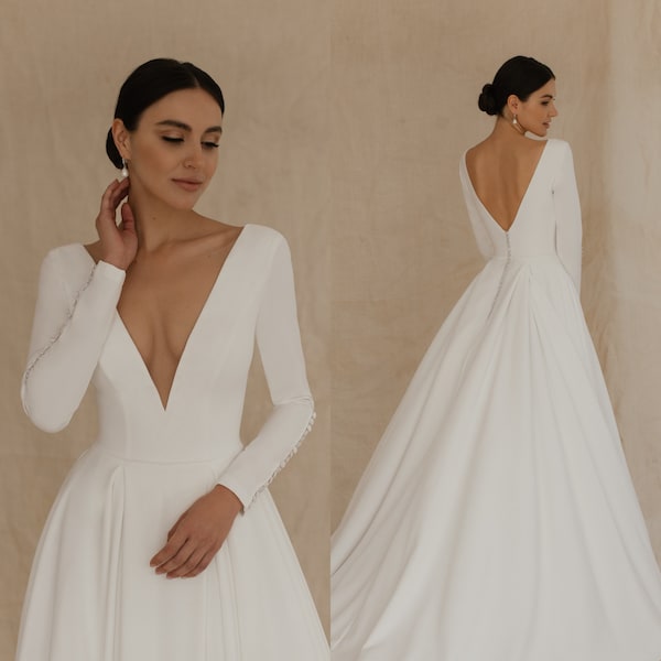 V-neck crepe wedding gown, Full a-line bridal dress with open v-back and long sleeves, Long sleeve bridal simple wedding dress Amanda