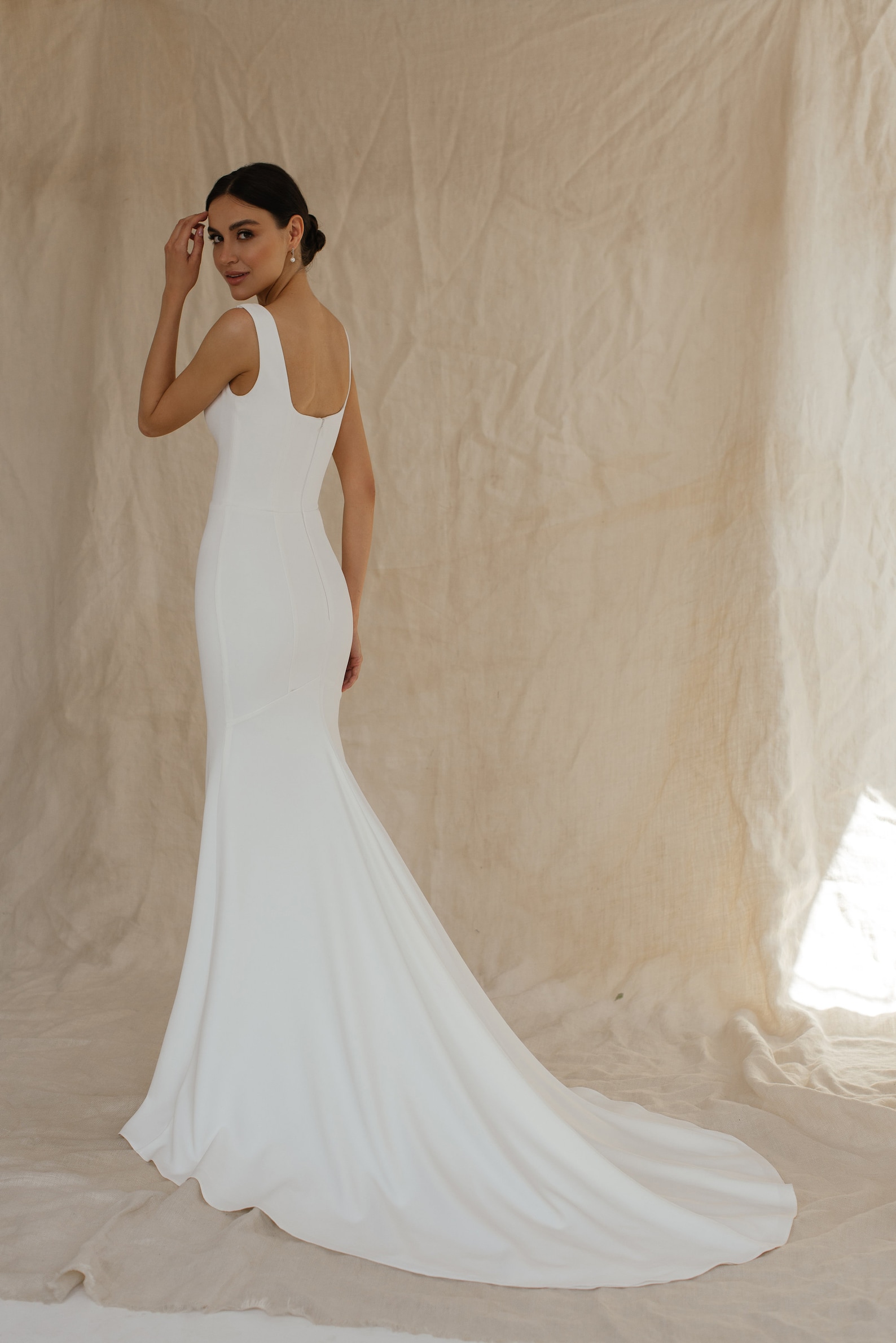 Regular - Square Neck Crepe Dress with Cascade Ruffle Skirt