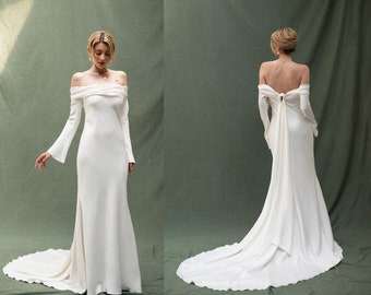 Abito da sposa in raso con spalle scoperte, maniche lunghe, schiena scoperta Neroli