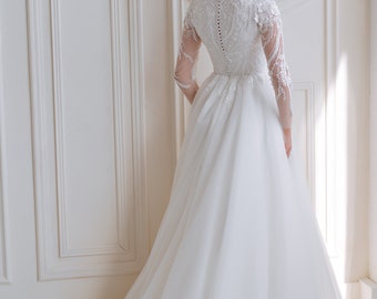 Lace Wedding Dress, Modest A-Line Bridal Gown with Long Sleeves, High Neck Custom Wedding Dress