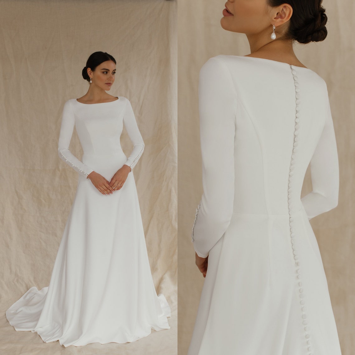 Crepe wedding dress with long sleeves and high back Simple image 1