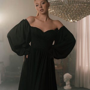 Black Wedding Dress, Gothic Bridal Dress, Alternative Wedding Gown with Long Sleeves, Satin Wedding Dress, Black Plus Size Dress Millie