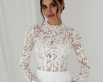 Abito da sposa a maniche lunghe e collo alto, abito da sposa a collo alto in pizzo Harper