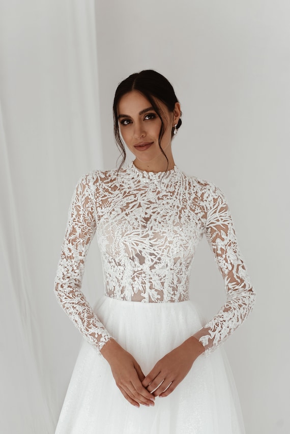 High Neck Long Sleeves Lace Tulle Wedding Dresses, White Wedding Dresses, A-line Elegant Wedding Dresses High Neck Long Sleeves Lace Tulle Wedding Dresses, White Wedding Dresses, A-line Elegant Wedding Dresses