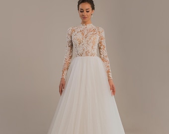 Abito da sposa XL pronto per la spedizione, abito da sposa sobrio con collo alto in pizzo, abito da sposa a trapezio a maniche lunghe con corsetto