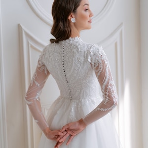 Modest Lace Wedding Dress, A-Line Bridal Gown Long Sleeves, 3D Flowers High Neck Muslim Corset Bridal Gown Tiara