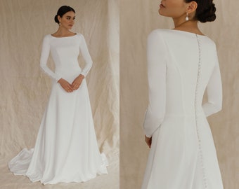 Vestido de novia de crepé con manga larga y espalda alta. LISTO PARA ENVIAR 50% Vestido de novia de invierno simple, vestido de recepción, vestido de novia modesto Nora