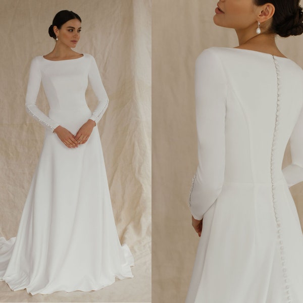 Long sleeve and high back crepe wedding dress. READY TO SHIP 40% Simple winter bridal gown, reception dress, modern wedding dress Nora