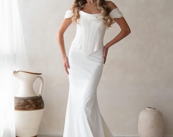 Satin Corset Bridal Set, Minimalist Wedding Dress, Detachable Silk Sleeves & Scarf, Custom Bridal Gown