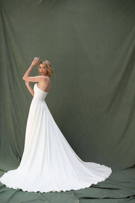 Satin A-Line Wedding Dress, Strapless Corset Bridal Gown, High Slit Dresses Wisteria Satin A-Line Wedding Dress, Strapless Corset Bridal Gown, High Slit Dresses Wisteria