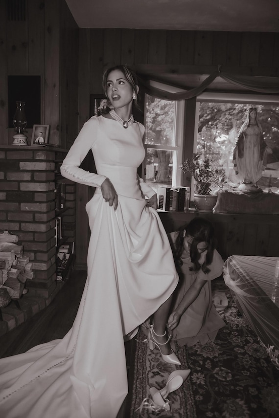 Minimalist Crepe Wedding Dress, Long Sleeves, High Back, Bridal Buttons Nora