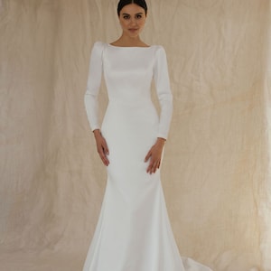 Long Sleeve Wedding Dress with Bow, Satin Mermaid Bridal Dress, Open Back Bridal Gown, Elegant Minimalist Wedding Gown Janet