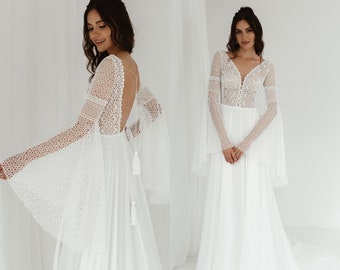 Boho wedding dress. Long sleeve bridal dress, backless wedding dress with bell sleeves, bohemian wedding dress Esther