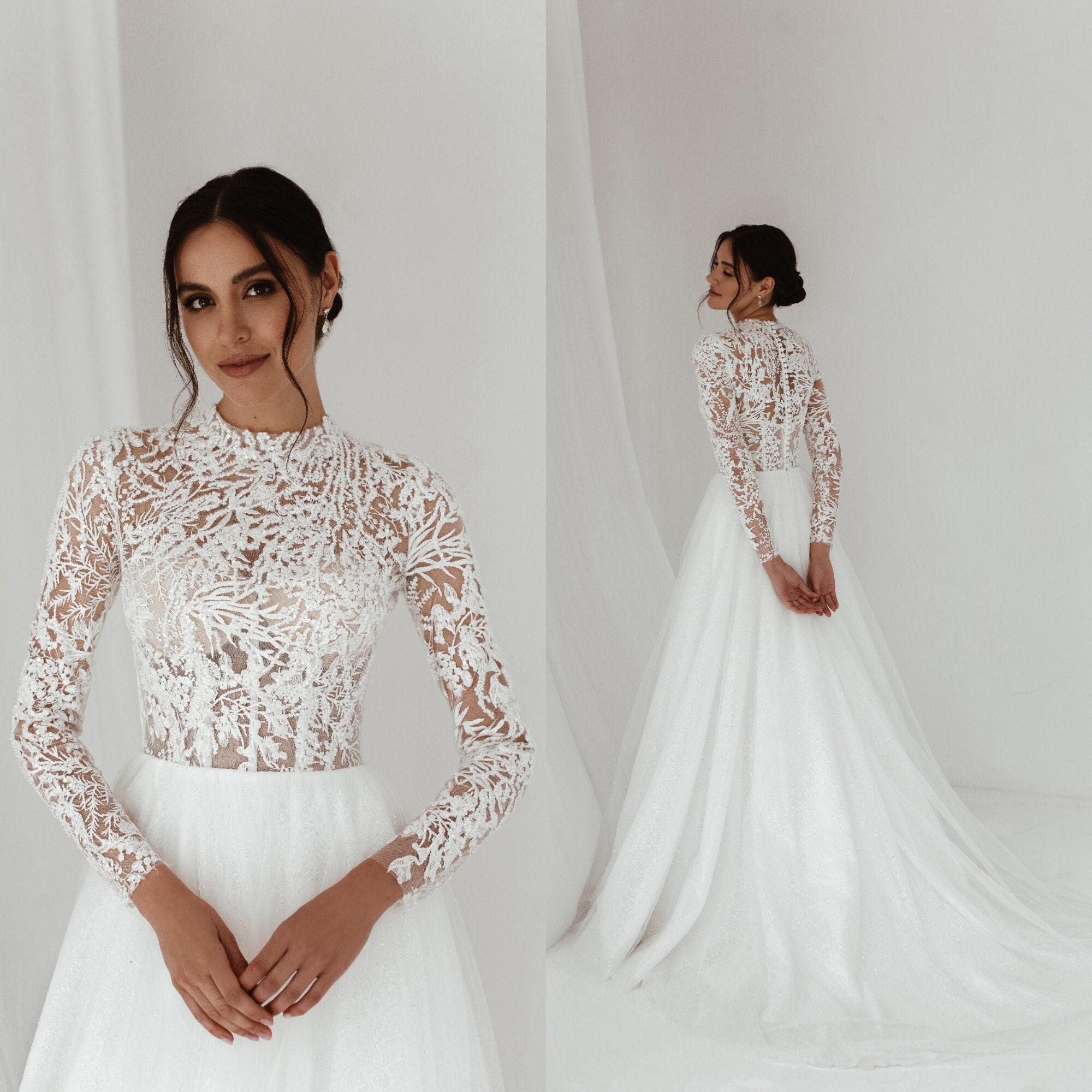 High Neck Wedding Dress With Long Sleeves. Lace Turtleneck Bridal