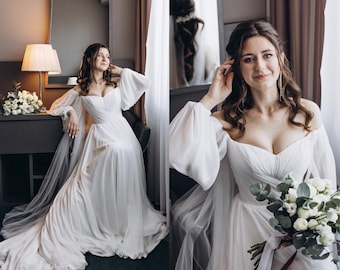 Abito da sposa in chiffon, abito da sposa a maniche lunghe con spalle scoperte e corsetto Millie