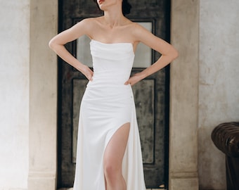 Abito da sposa pronto per la spedizione, abito da sposa in raso senza spalline, abito a sirena con scollo a cascata, abito da ricevimento e da cerimonia civile con spacco alto
