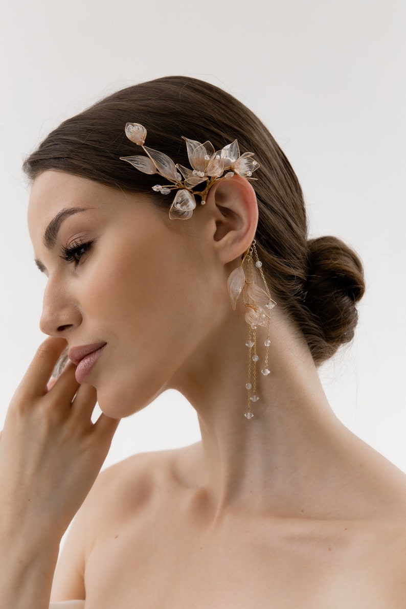 Ear cuff, floral ear cuff, Bridal jewelry, wedding flower cuff, floral earrings, gold bridal accessories image 5